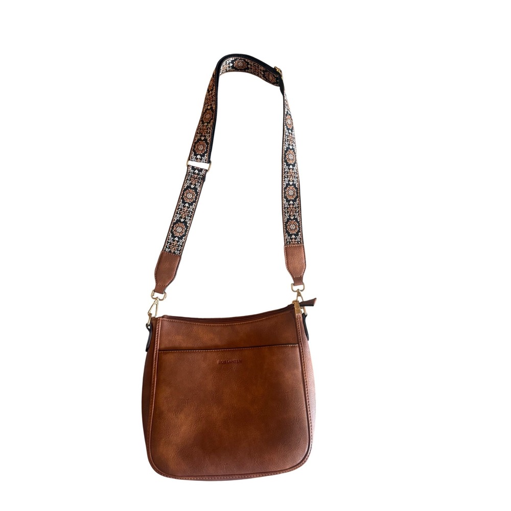 Bostanten Cognac‎ Brown Vegan Leather Crossbody Bag Floral Guitar Strap Boho
